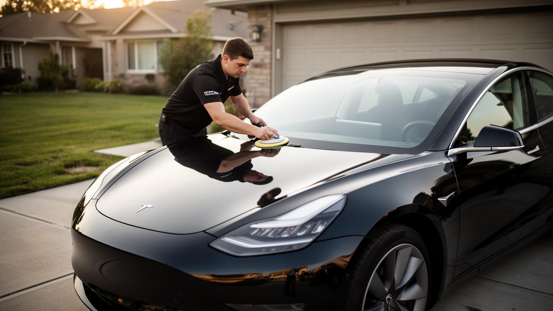 Apollo Detailing technician polishing a black Tesla in a residential driveway